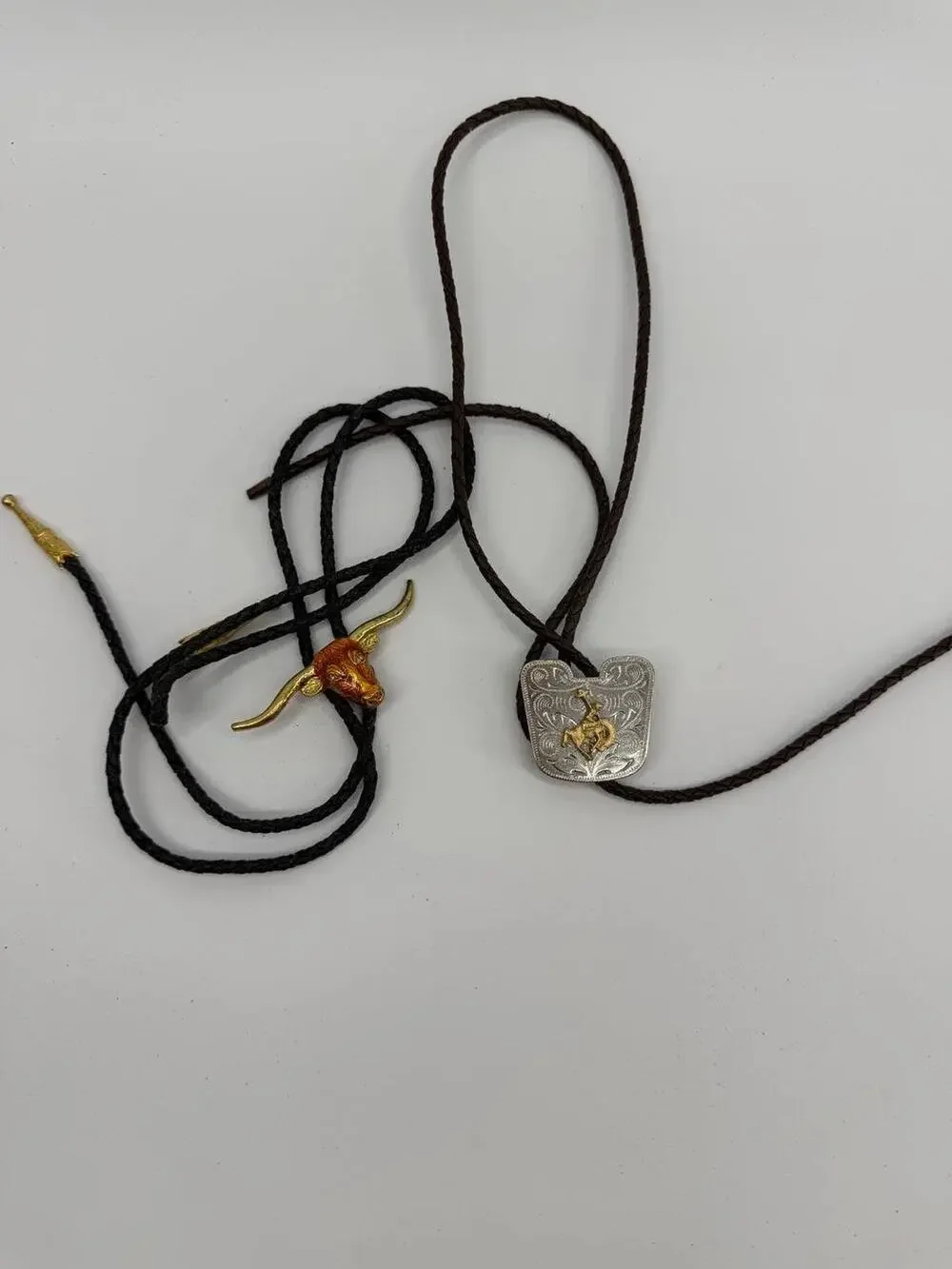 Western Bolo Tie Lot Bull Head Cowboy Rodeo Slide Leather Cord Vintage Style